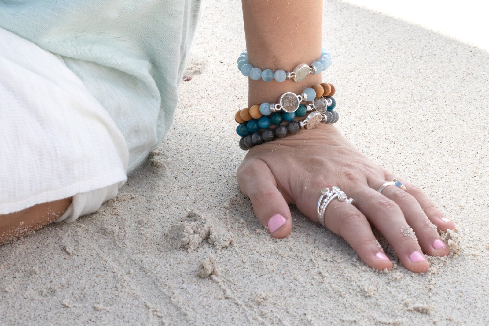 Beaded Bracelet stack including the Round Beaded Bracelet in Labradorite, perfect summer jewelry.