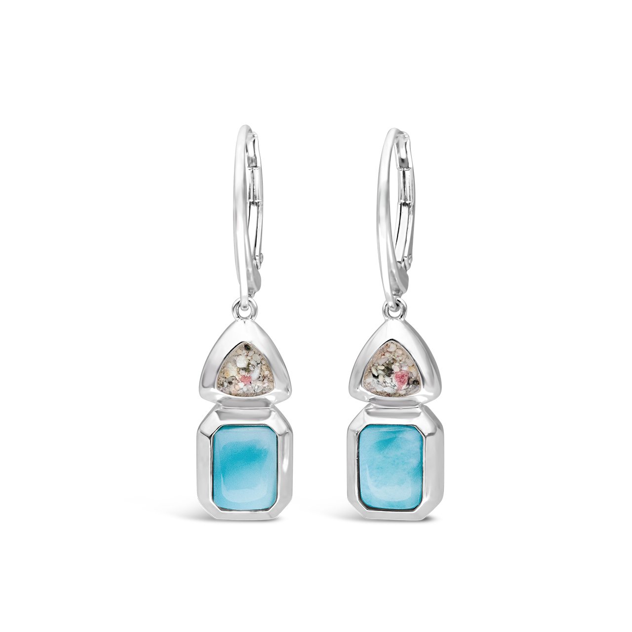 Product shot of the Serenity Drop Earrings with Larimar and Sand for Artful Bracelets's Mother's Day Jewelry Guide.